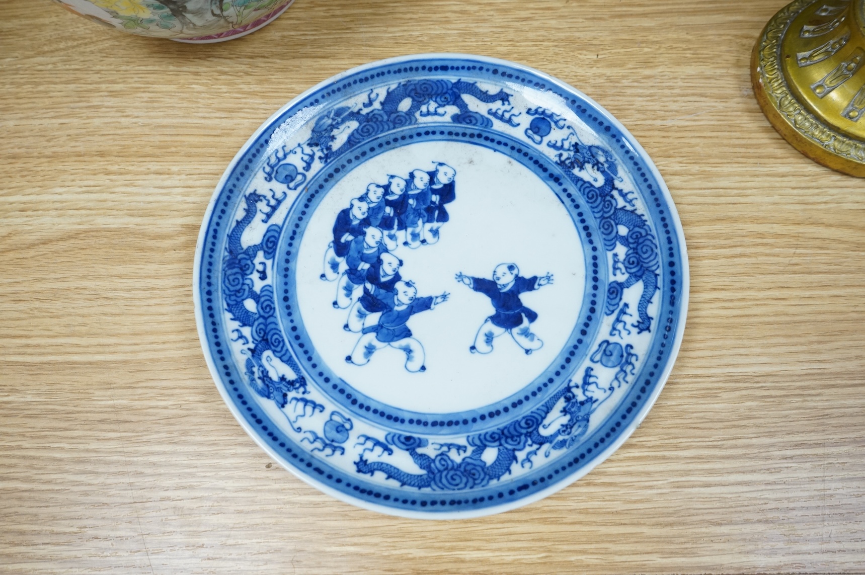 A Chinese famille rose vase, mid 20th century and a Chinese blue and white ‘boys’ dish, c.1900, vase 33cm high